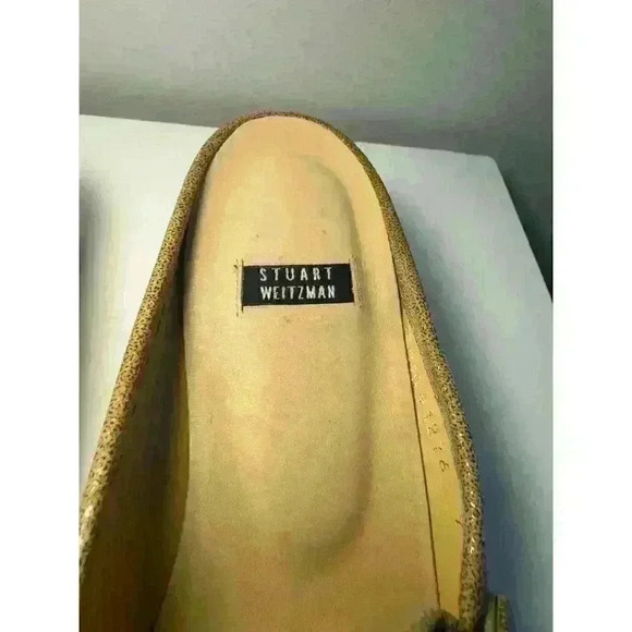 Stuart Weitzman Slide Women 7B Tan Beige Fabric Slip On Buckle Block Heel Spain - Picture 3 of 9